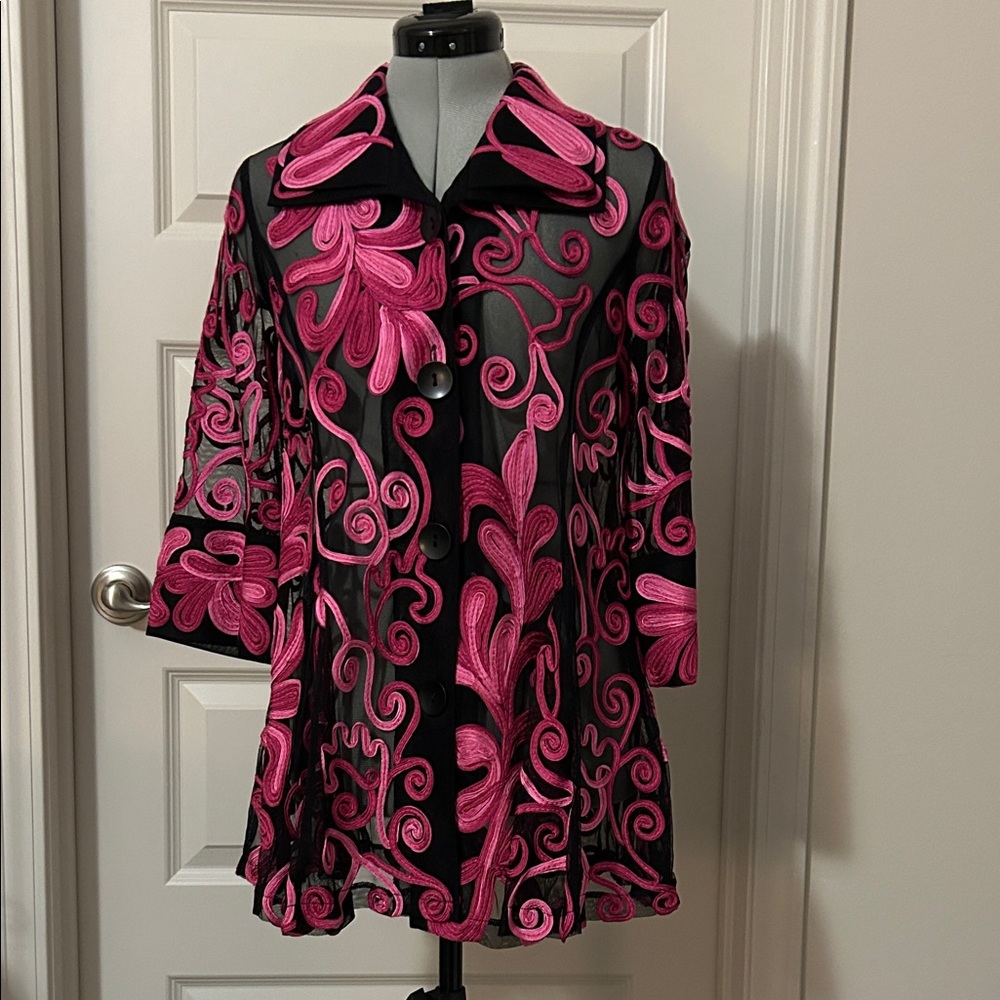 Black and Pink Soutache Embroidered Women's Jacket